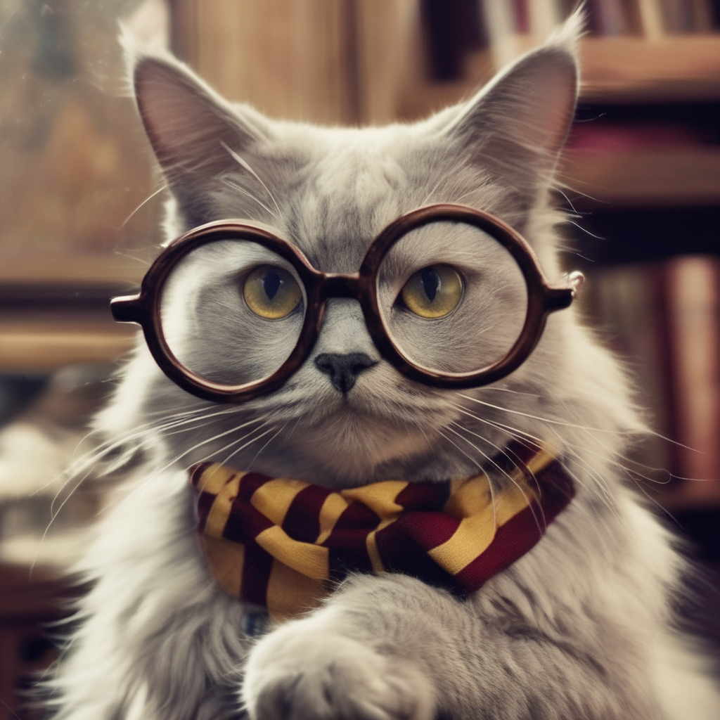 Imagen generada con Stable Diffusion usando el prompt "Fotografía de un gato con lentes de Harry Potter" y la semilla 42