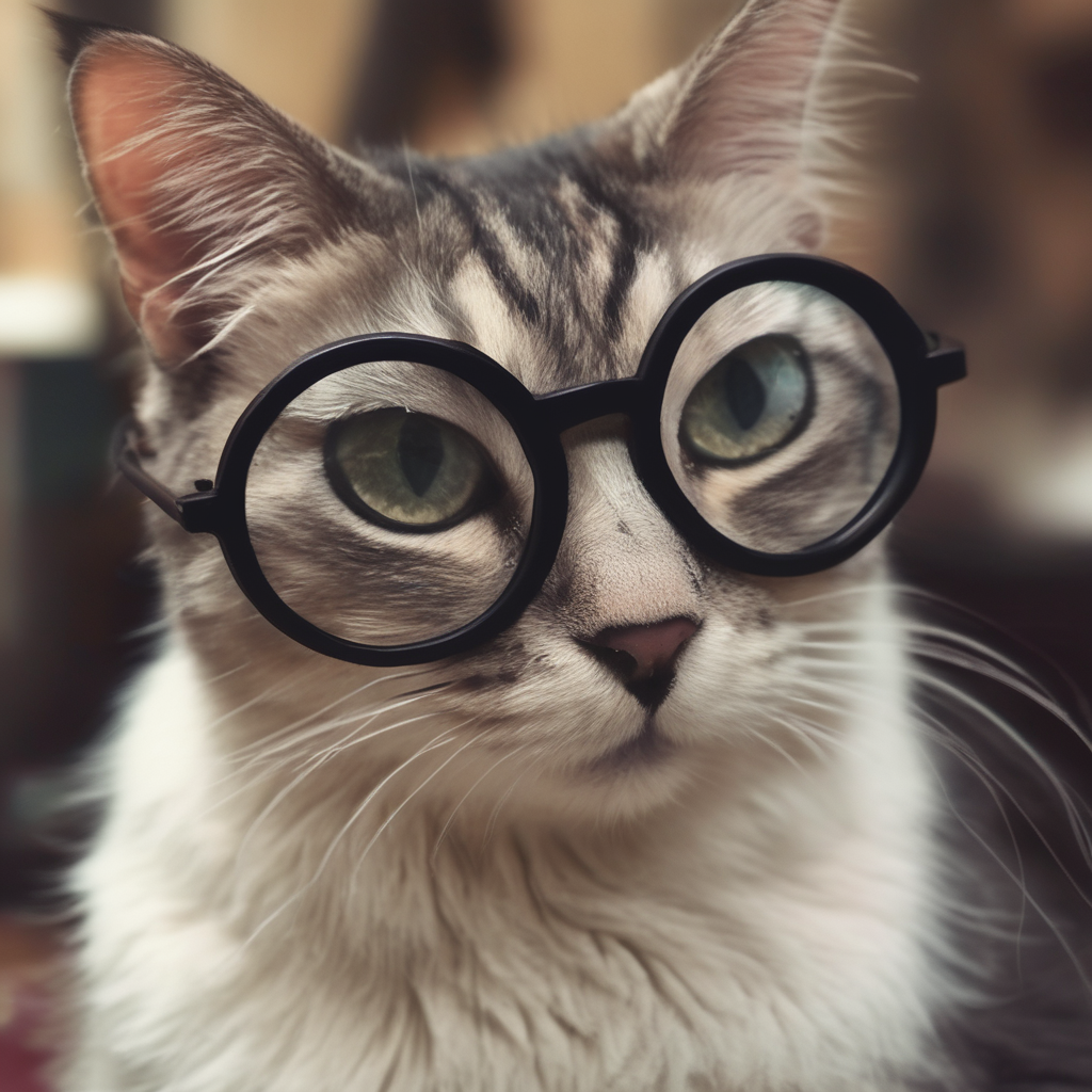 Imagen generada con Stable Diffusion usando el prompt "Fotografía de un gato con lentes de Harry Potter"