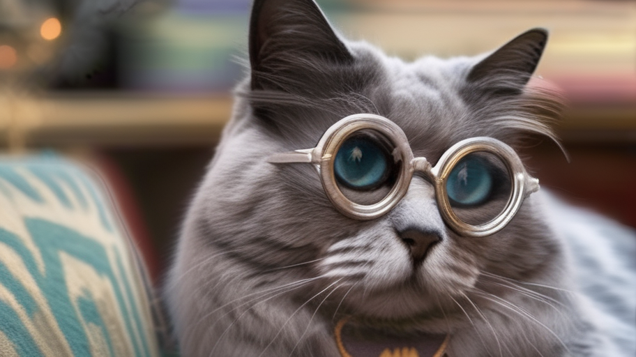 Imagen de 512x912 generada con Stable Diffusion usando el prompt "Fotografía de un gato con lentes de Harry Potter"